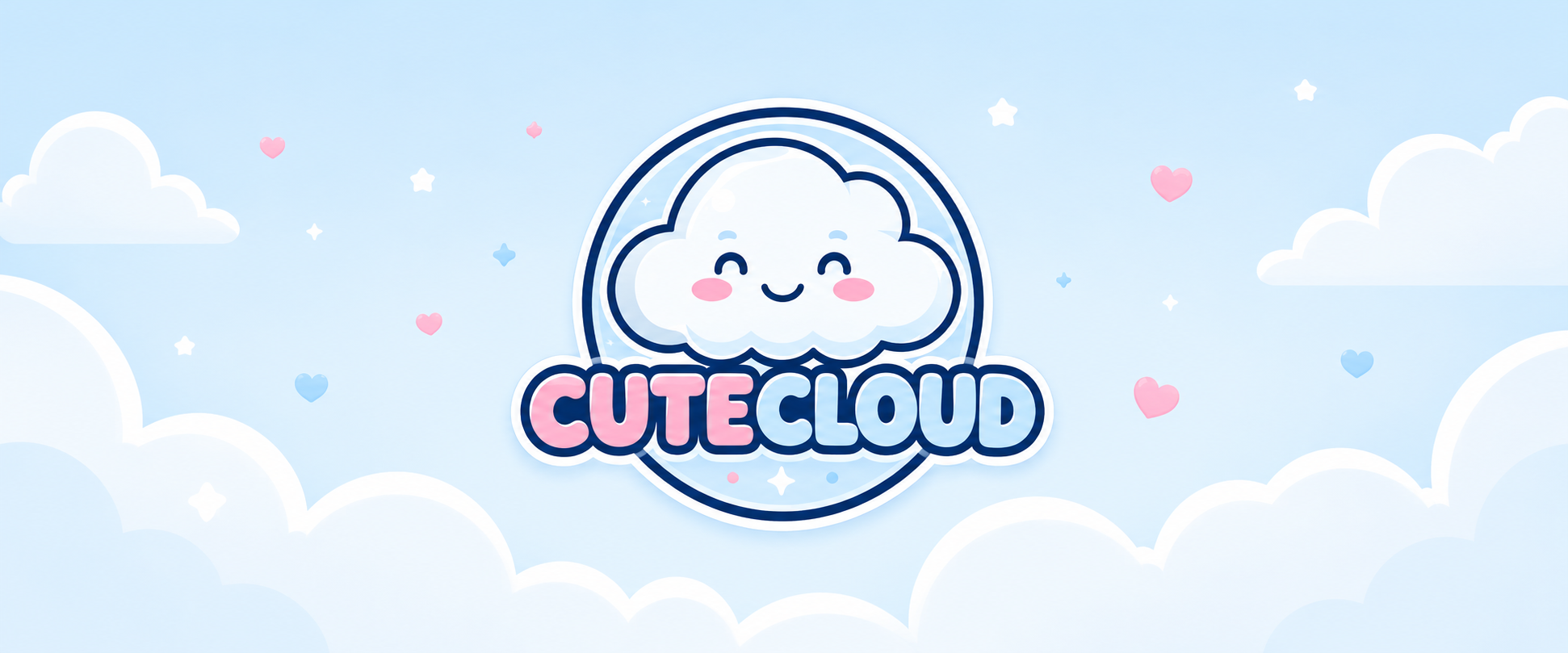 CUTECLOUD logo with friendly cloud mascot in a blue sky